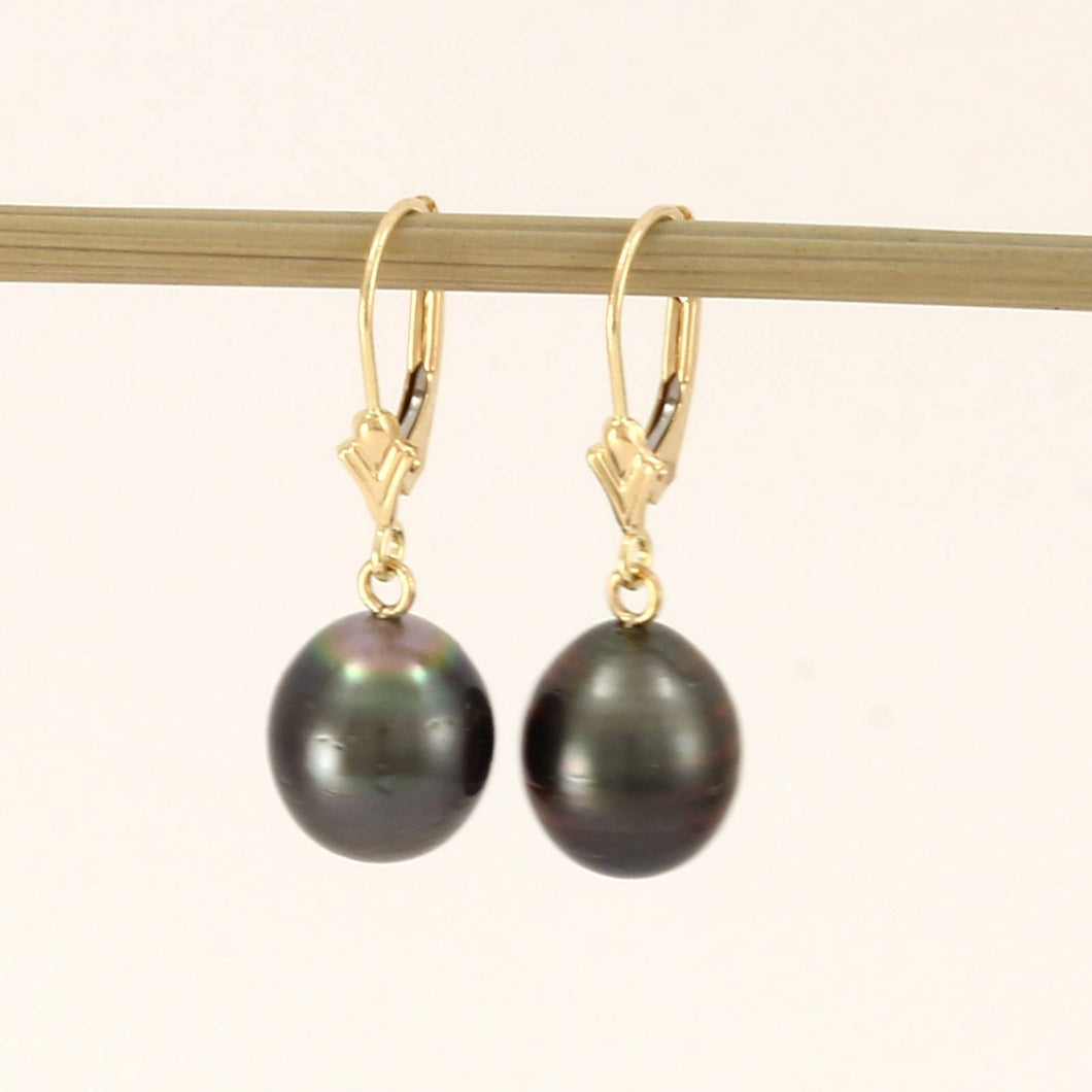 14k Yellow Gold Black Baroque Tahitian Pearl Leverback Earrings