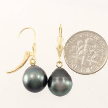 Load image into Gallery viewer, 14k Yellow Gold Black Baroque Tahitian Pearl Leverback Earrings (9.9 mm)