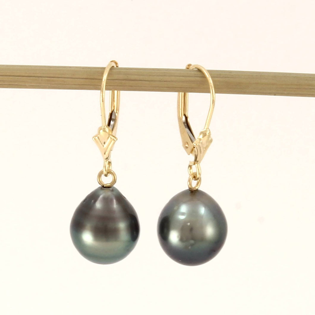 14k Yellow Gold Black Baroque Tahitian Pearl Leverback Earrings (9.9 mm)