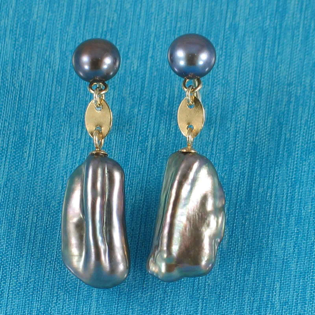 Black Biwa & Freshwater Cultured Pearl Dangle Earrings – 14 k Yellow Gold