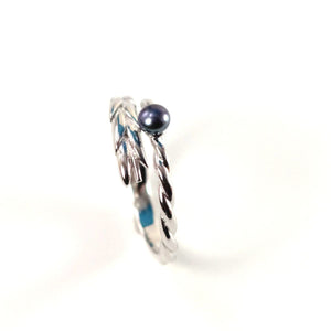 Solid Sterling Silver .925 Black-Blue Freshwater Cultured Pearl Wheat-Style Adjustable Ring
