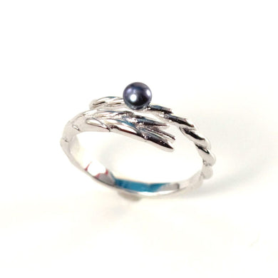 Solid Sterling Silver .925 Black-Blue Freshwater Cultured Pearl Wheat-Style Adjustable Ring