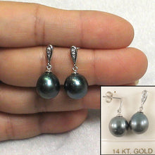 Load image into Gallery viewer, Black Blue Tahitian Pearl &amp; Diamond Dangle Earrings – 14k White Gold