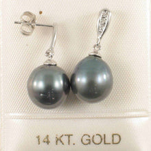 Load image into Gallery viewer, Black Blue Tahitian Pearl &amp; Diamond Dangle Earrings – 14k White Gold