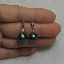 Load image into Gallery viewer, Black Blue Tahitian Pearl &amp; Diamond Dangle Earrings – 14k White Gold