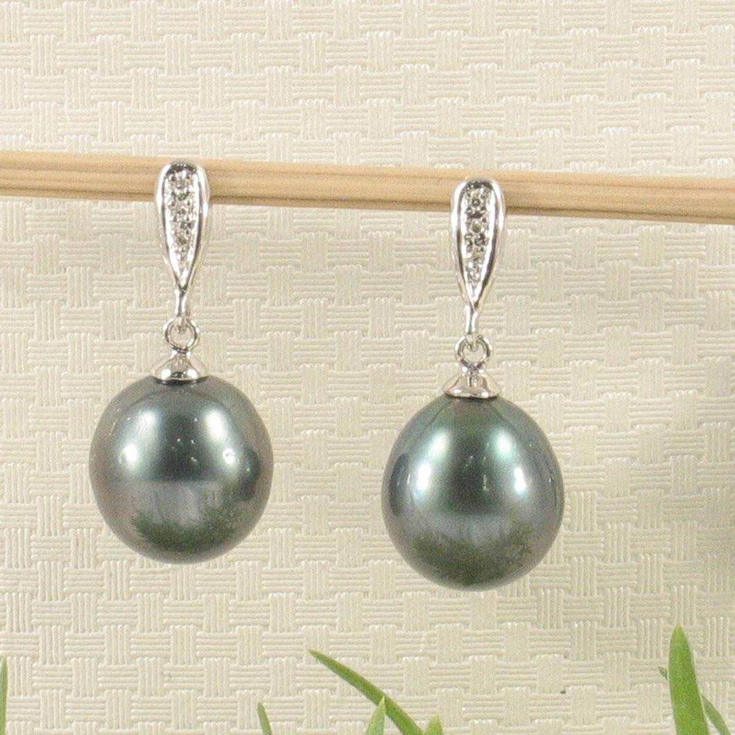 Black Blue Tahitian Pearl & Diamond Dangle Earrings – 14k White Gold