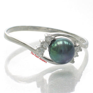 Solid Sterling Silver .925 Black-Gray Freshwater Cultured Pearl & CZ Accent Ring