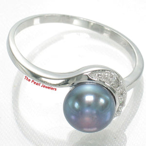 Solid Sterling Silver .925 Black-Gray Freshwater Cultured Pearl & CZ Crescent Ring