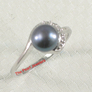 Solid Sterling Silver .925 Black-Gray Freshwater Cultured Pearl & CZ Crescent Ring