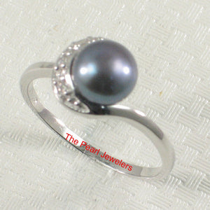 Solid Sterling Silver .925 Black-Gray Freshwater Cultured Pearl & CZ Crescent Ring