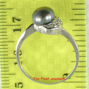 Solid Sterling Silver .925 Black-Gray Freshwater Cultured Pearl & CZ Crescent Ring