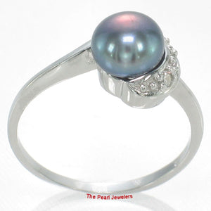 Solid Sterling Silver .925 Black-Gray Freshwater Cultured Pearl & CZ Crescent Ring