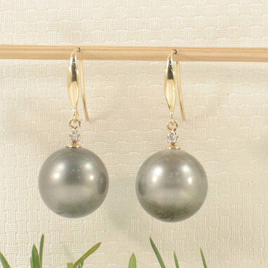 14k Yellow Gold Diamond & Black-Gray Tahitian Pearl Hook Earrings