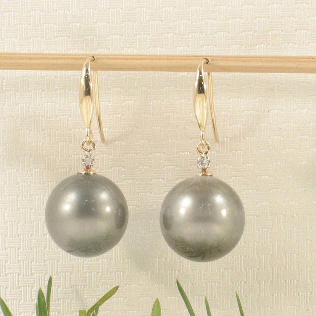 14k Yellow Gold Diamond & Black-Gray Tahitian Pearl Hook Earrings