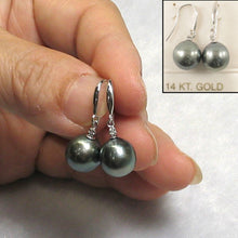 Load image into Gallery viewer, 14k White Gold Diamond &amp; Black-Gray Tahitian Pearl Hook Earrings