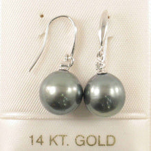 Load image into Gallery viewer, 14k White Gold Diamond &amp; Black-Gray Tahitian Pearl Hook Earrings