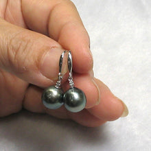 Load image into Gallery viewer, 14k White Gold Diamond &amp; Black-Gray Tahitian Pearl Hook Earrings