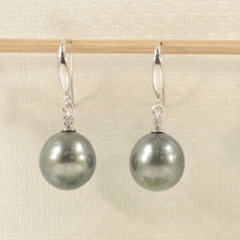 Load image into Gallery viewer, 14k White Gold Diamond &amp; Black-Gray Tahitian Pearl Hook Earrings