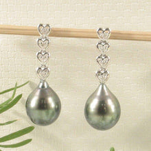 Load image into Gallery viewer, Black Green Baroque Tahitian Pearl &amp; Diamond Heart Dangle Earrings – 14k White Gold