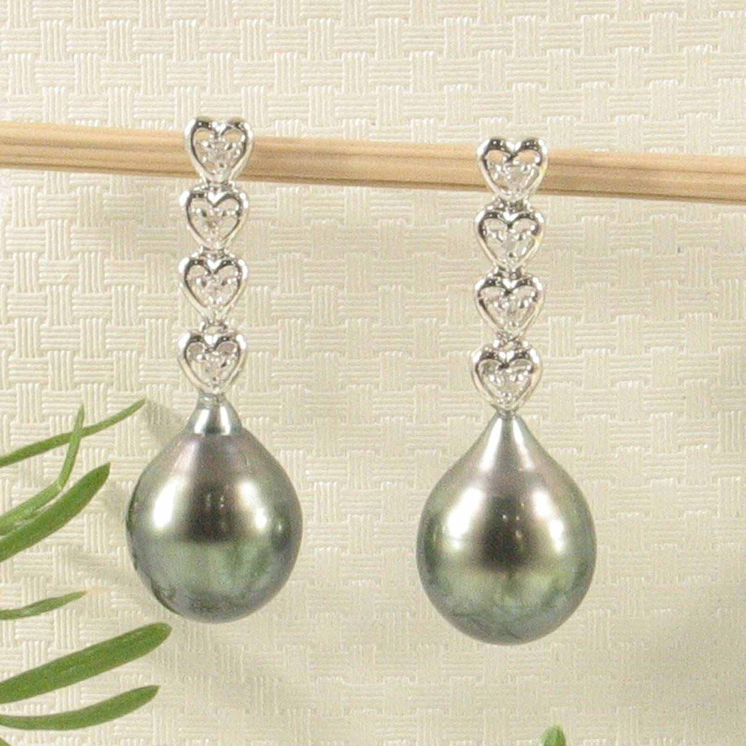 Black Green Baroque Tahitian Pearl & Diamond Heart Dangle Earrings – 14k White Gold