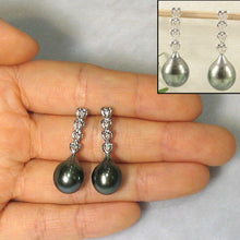 Load image into Gallery viewer, Black Green Baroque Tahitian Pearl &amp; Diamond Heart Dangle Earrings – 14k White Gold