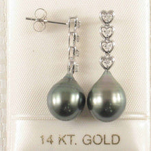 Load image into Gallery viewer, Black Green Baroque Tahitian Pearl &amp; Diamond Heart Dangle Earrings – 14k White Gold