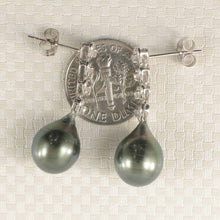 Load image into Gallery viewer, Black Green Baroque Tahitian Pearl &amp; Diamond Heart Dangle Earrings – 14k White Gold