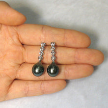 Load image into Gallery viewer, Black Green Baroque Tahitian Pearl &amp; Diamond Heart Dangle Earrings – 14k White Gold