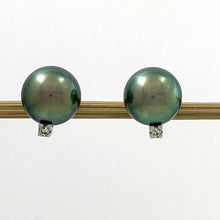 Load image into Gallery viewer, Charming Black Green Tahitian Pearl Diamond Stud Earrings – 14k White Gold