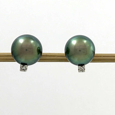 Charming Black Green Tahitian Pearl Diamond Stud Earrings – 14k White Gold
