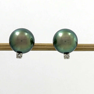Charming Black Green Tahitian Pearl Diamond Stud Earrings – 14k White Gold