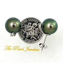 Load image into Gallery viewer, Charming Black Green Tahitian Pearl Diamond Stud Earrings – 14k White Gold