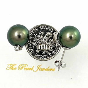 Charming Black Green Tahitian Pearl Diamond Stud Earrings – 14k White Gold