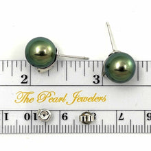 Load image into Gallery viewer, Charming Black Green Tahitian Pearl Diamond Stud Earrings – 14k White Gold