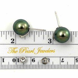 Charming Black Green Tahitian Pearl Diamond Stud Earrings – 14k White Gold