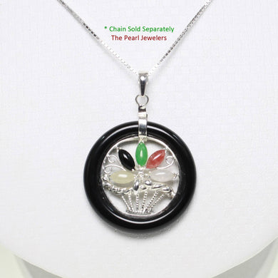 Black Onyx & Jade Flower Basket Sterling Silver Pendant