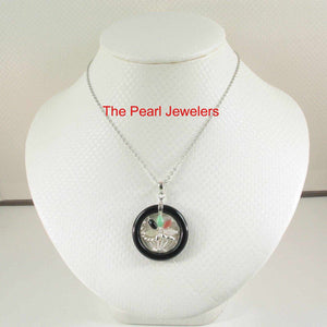 Black Onyx & Jade Flower Basket Sterling Silver Pendant