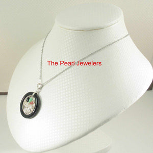 Black Onyx & Jade Flower Basket Sterling Silver Pendant