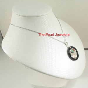 Black Onyx & Jade Flower Basket Sterling Silver Pendant