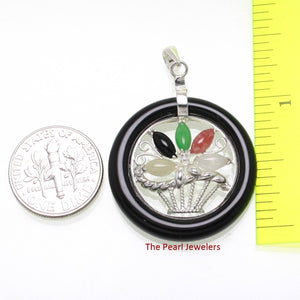 Black Onyx & Jade Flower Basket Sterling Silver Pendant