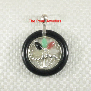 Black Onyx & Jade Flower Basket Sterling Silver Pendant