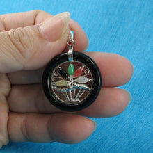 Load image into Gallery viewer, Black Onyx &amp; Jade Flower Basket Sterling Silver Pendant