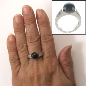 Solid Sterling Silver .925 Black Cultured Pearl & CZ Accent Ring