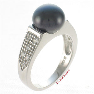 Solid Sterling Silver .925 Black Cultured Pearl & CZ Accent Ring