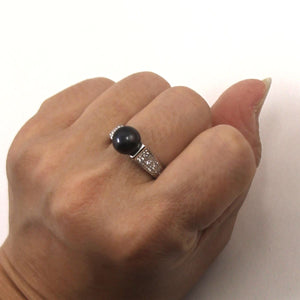 Solid Sterling Silver .925 Black Cultured Pearl & CZ Accent Ring