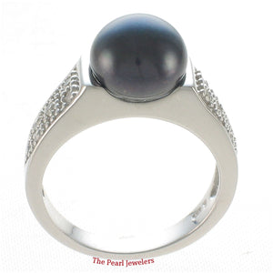 Solid Sterling Silver .925 Black Cultured Pearl & CZ Accent Ring