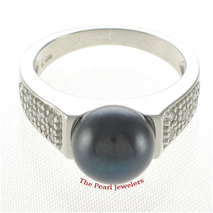 Solid Sterling Silver .925 Black Cultured Pearl & CZ Accent Ring