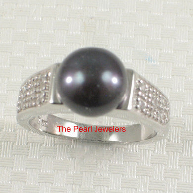 Solid Sterling Silver .925 Black Cultured Pearl & CZ Accent Ring