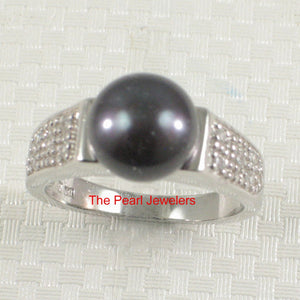 Solid Sterling Silver .925 Black Cultured Pearl & CZ Accent Ring