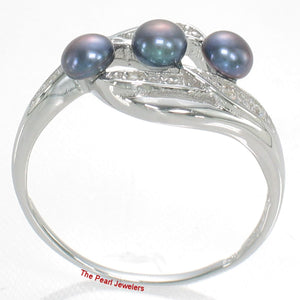Solid Sterling Silver .925 Black Cultured Pearl & Cubic Zirconia Cocktail Ring